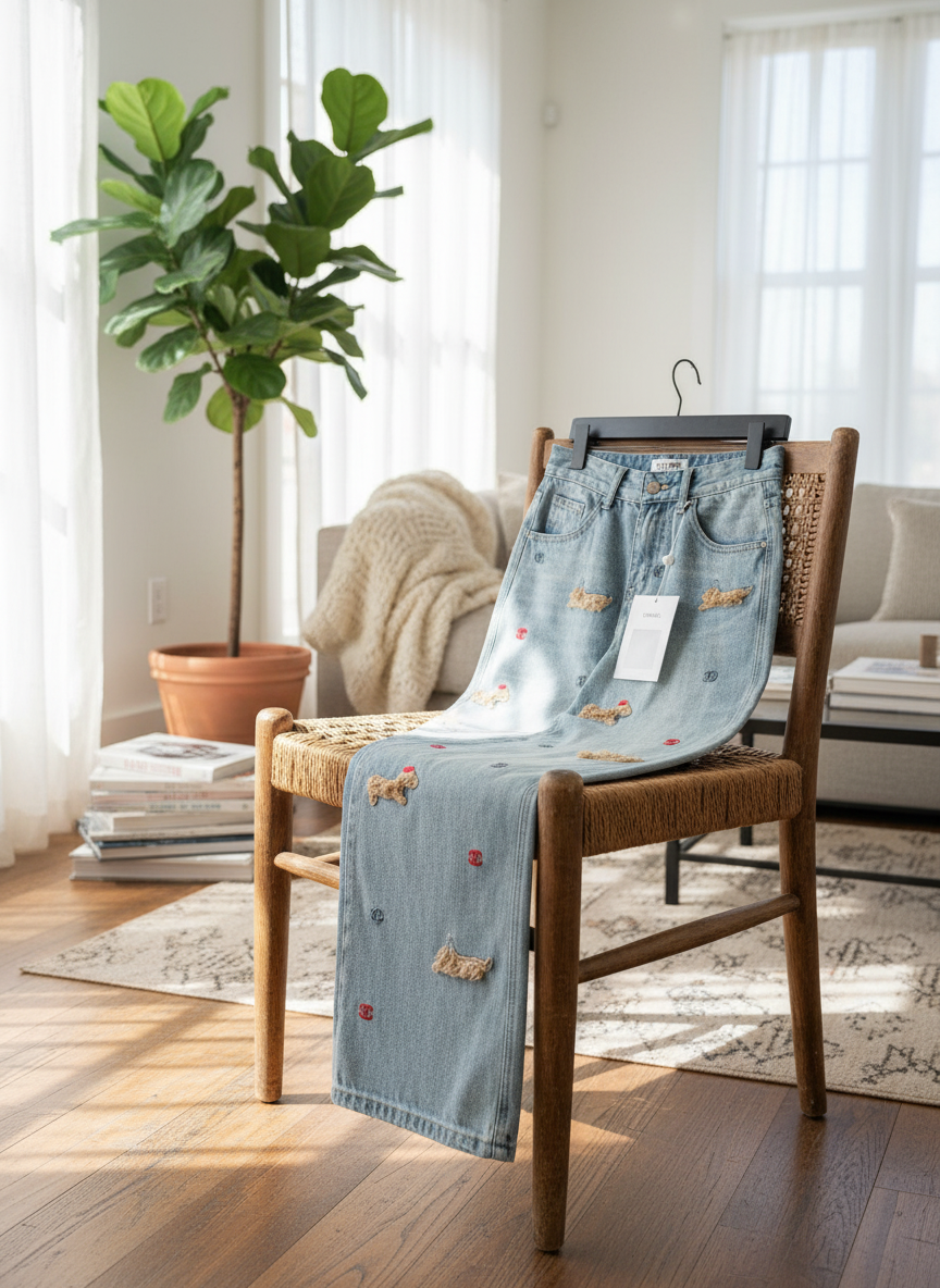 CHANEL Light Blue Embroidered Dog Logo Women Jeans