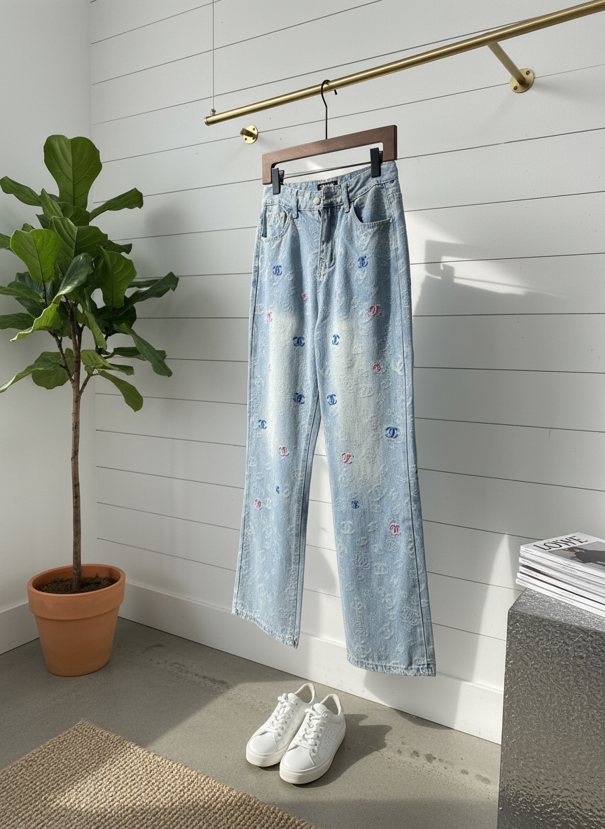 CHANEL Women Vintage Denim Logo Embroidered Jeans