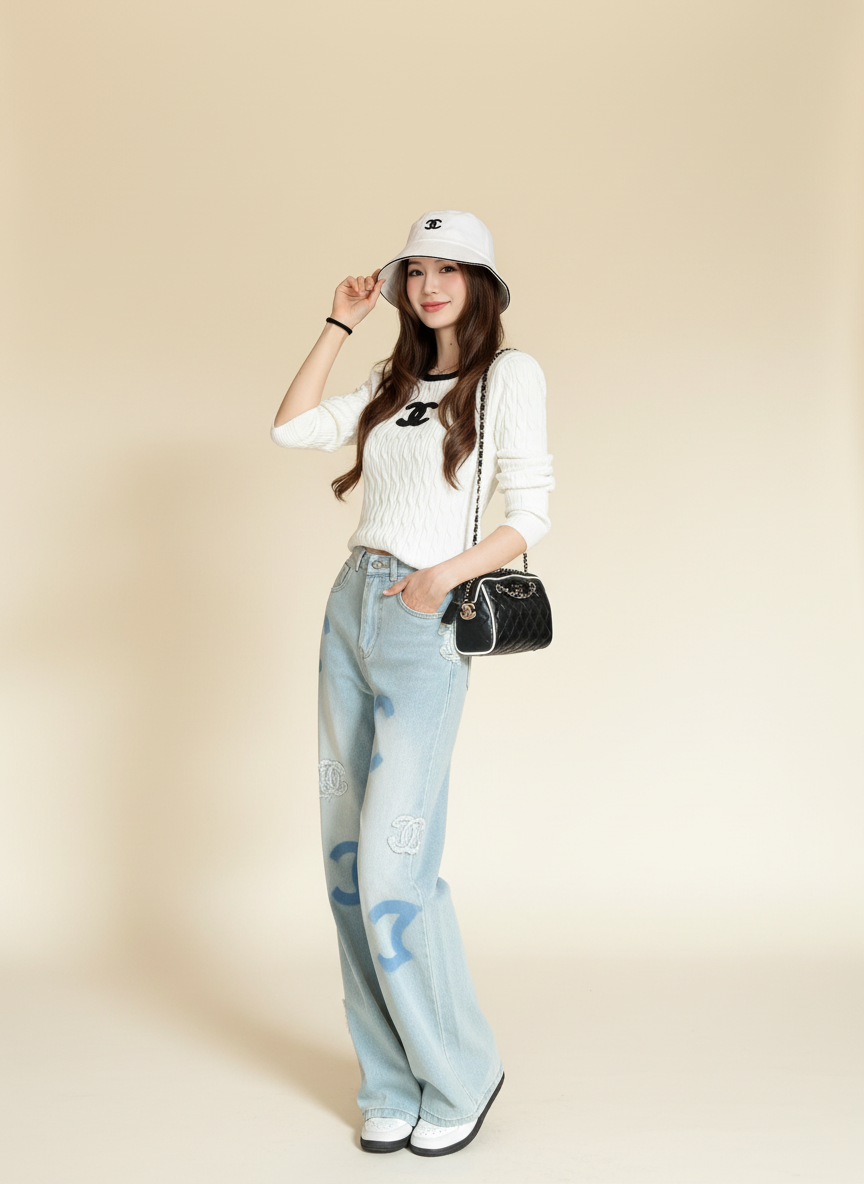 CHANEL High Waist Wide Leg Light Blue Jeans Women