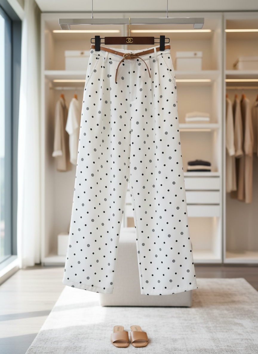 CHANEL Polka Dot High Waist Wide Leg Pants Women