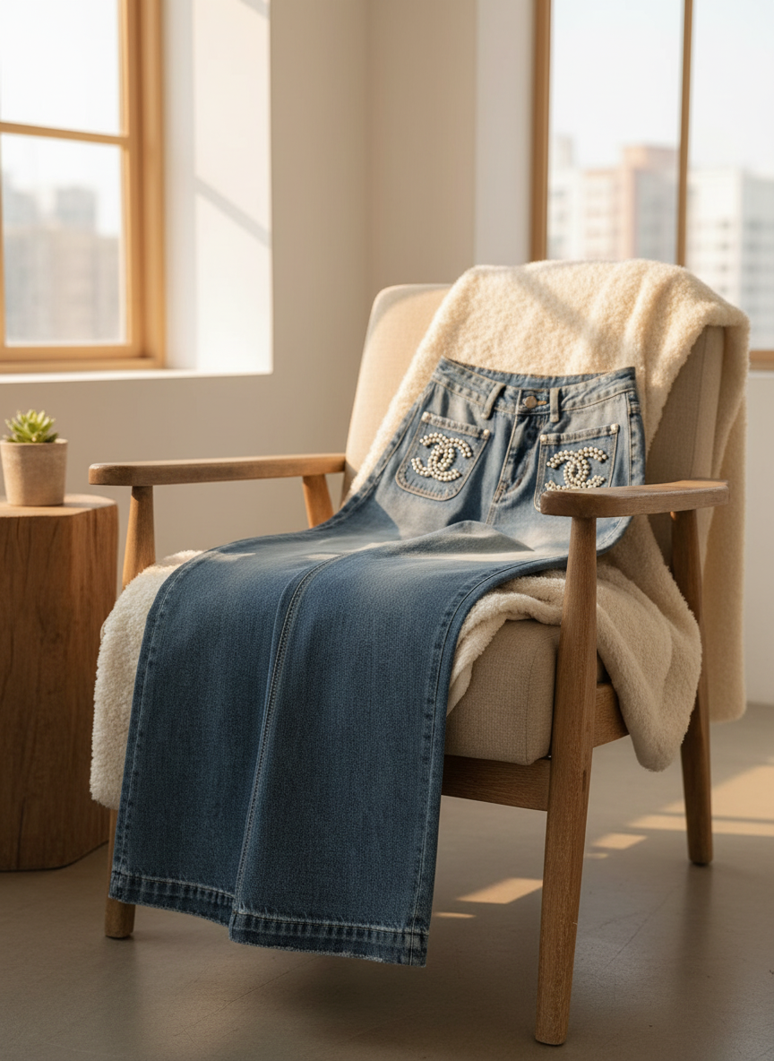 CHANEL High Waist Vintage Blue Wide Leg Jeans