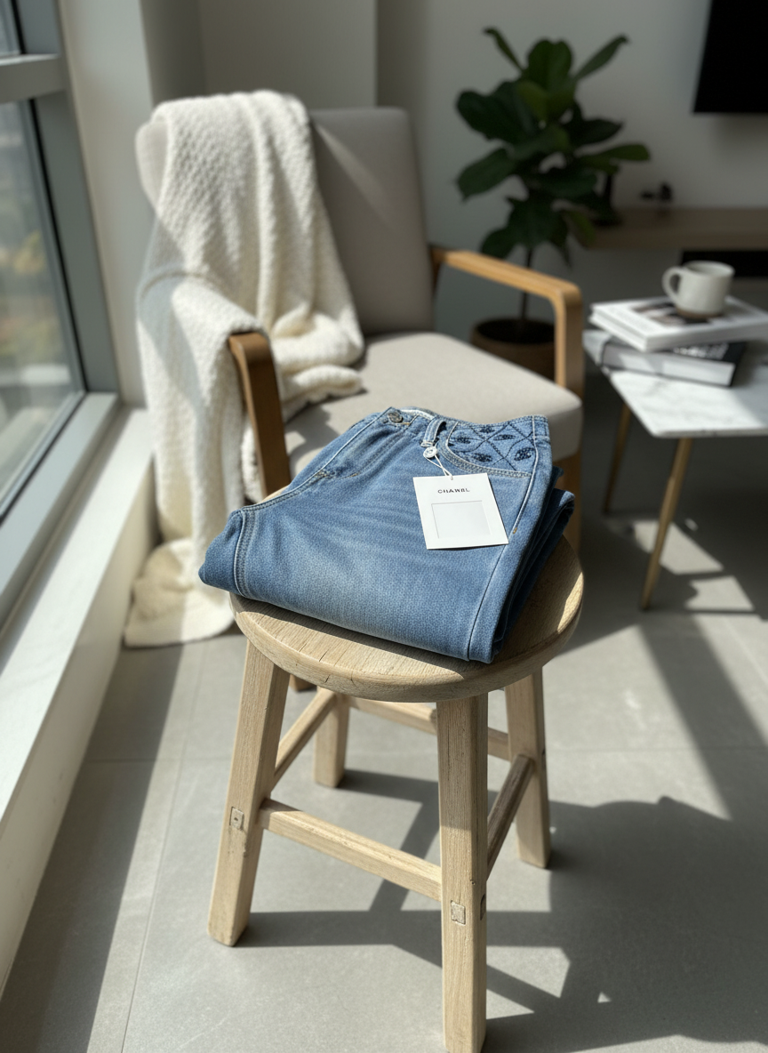 CHANEL High Waist Wide Leg Denim Pants