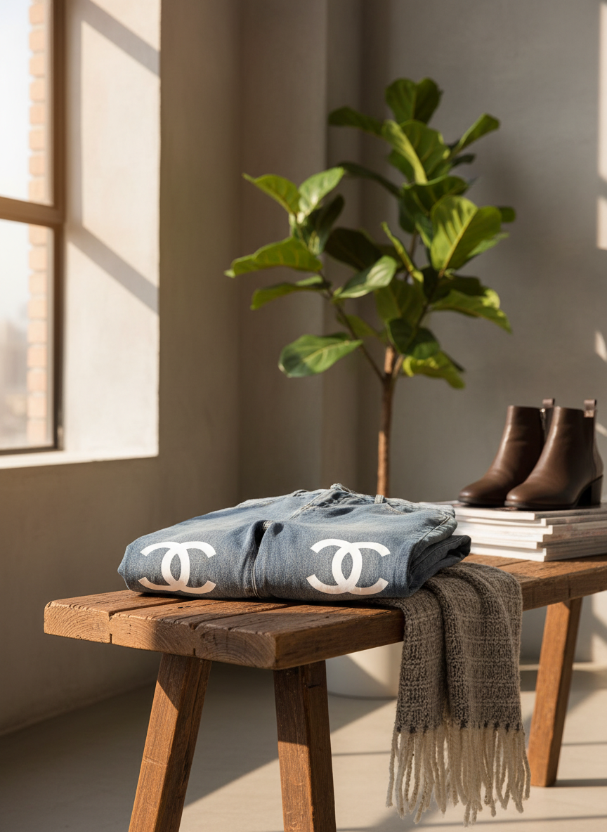 CHANEL High Waist Vintage Logo Denim Pants