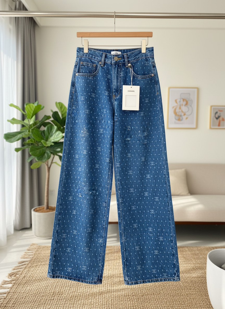 CHANEL High Waist Wide Leg Logo Denim Pants
