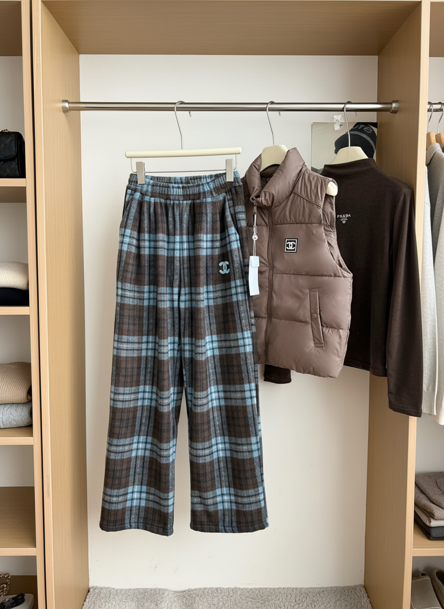 CHANEL Plaid Wide Leg Pants Soft Fabric Casual Chic