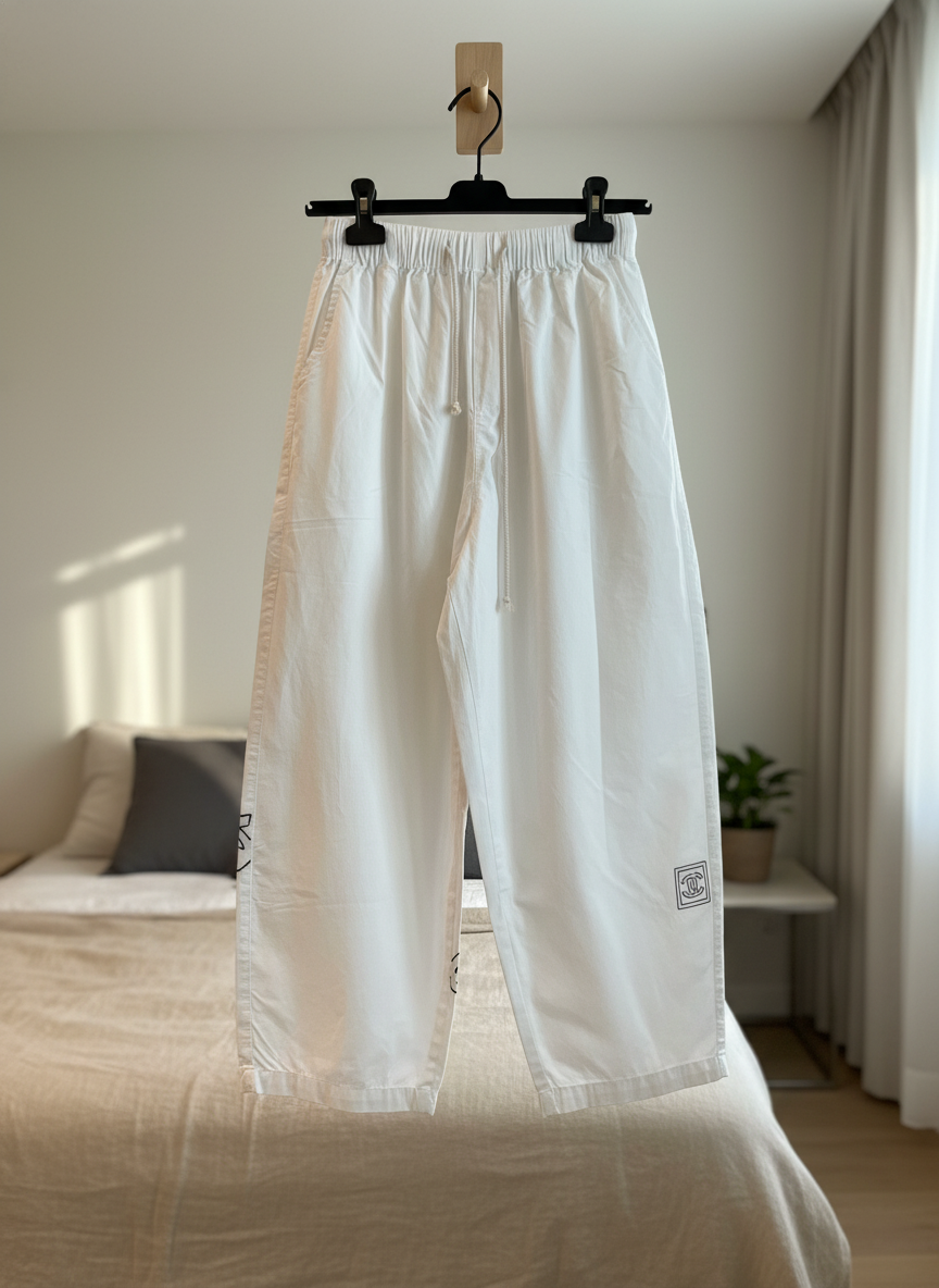 CHANEL White Cotton Wide-Leg Drawstring Pants