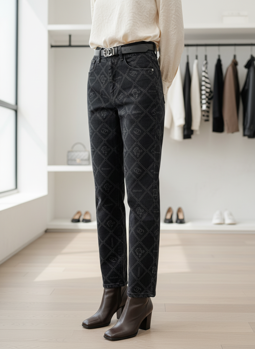 CHANEL Black Denim High Waist Logo Pants