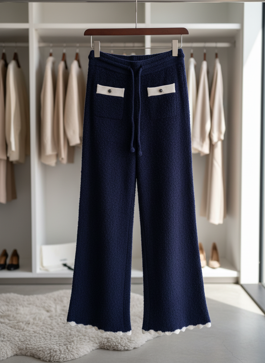 CHANEL Navy Wide Leg High Waist Pants Women