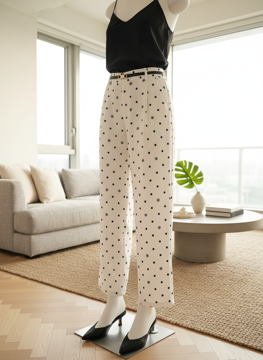 CHANEL White Polka Dot High Waist Wide Leg Pants