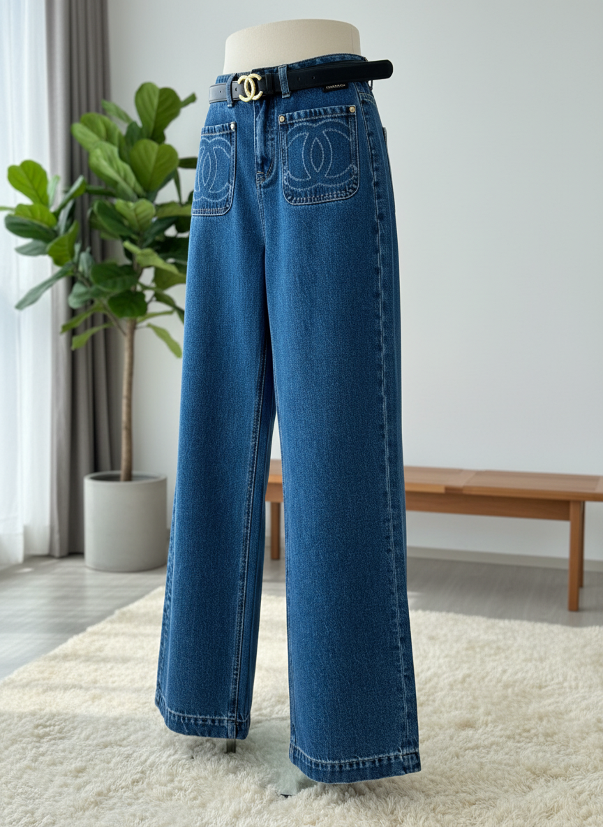 CHANEL High Waist Wide Leg Blue Denim Jeans Women