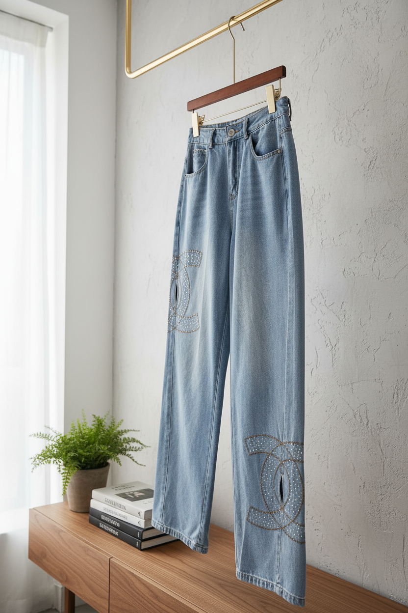 CHANEL Women High Waist Wide Leg Rhinestone Jeans