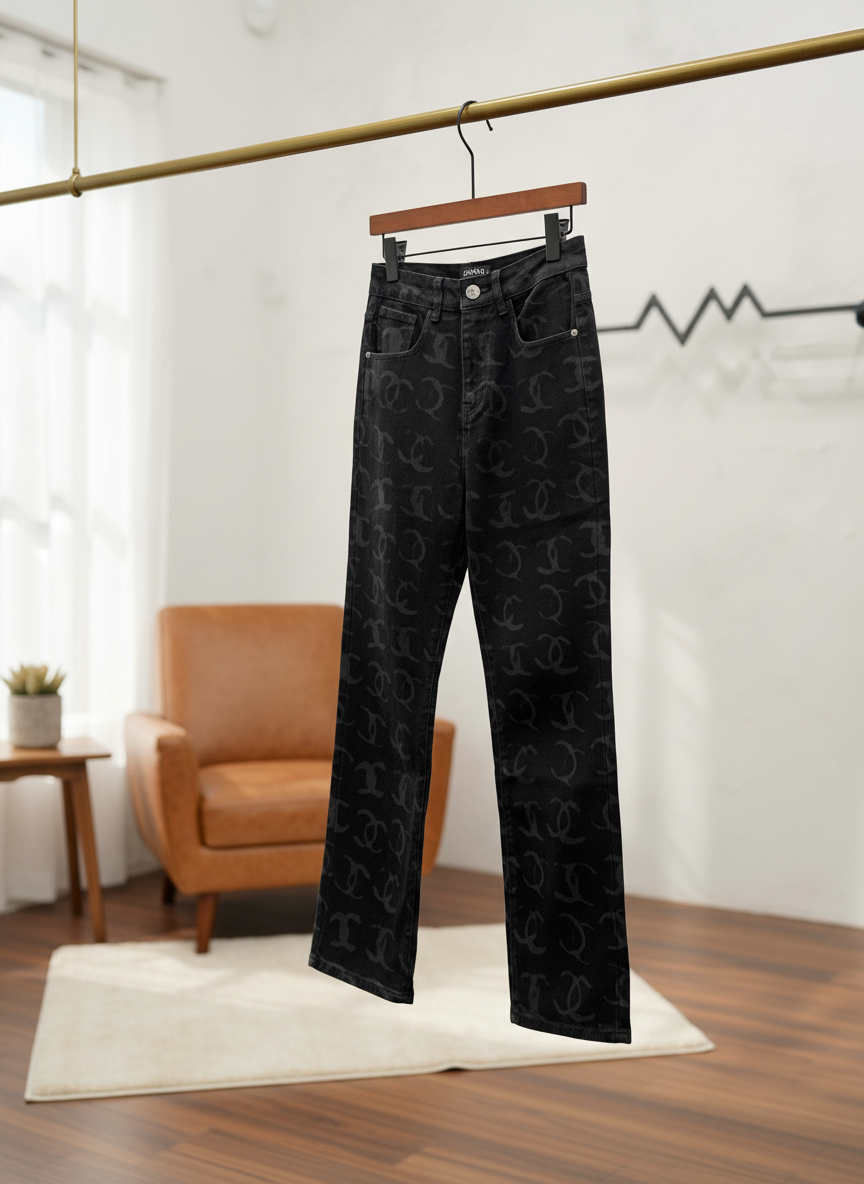 CHANEL CC Logo Black Denim Straight Pants Women