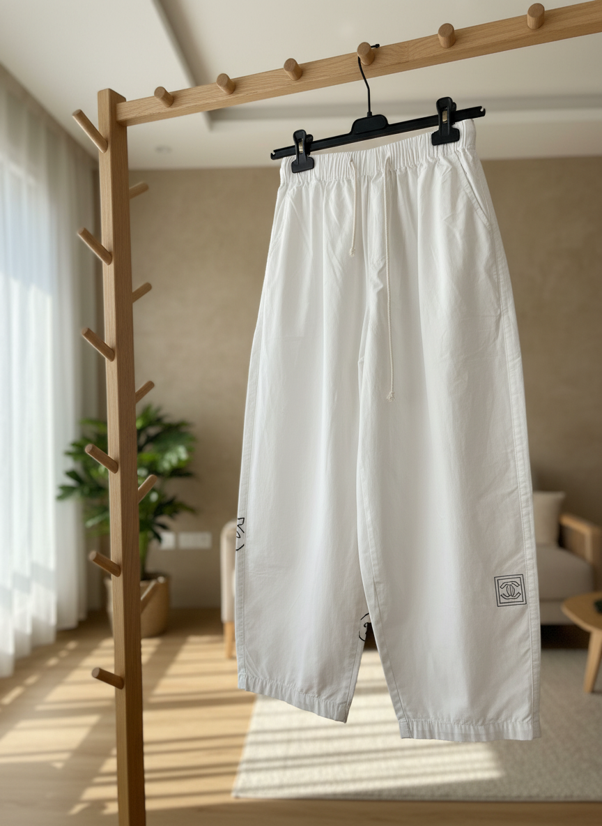 CHANEL White Cotton Wide Leg Drawstring Pants