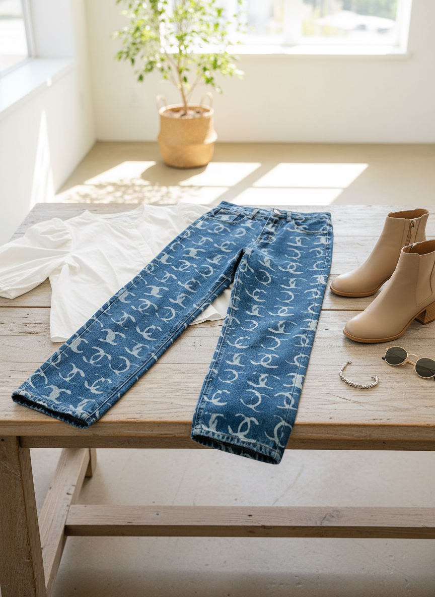 CHANEL High Waist Logo Denim Jeans Blue Pants