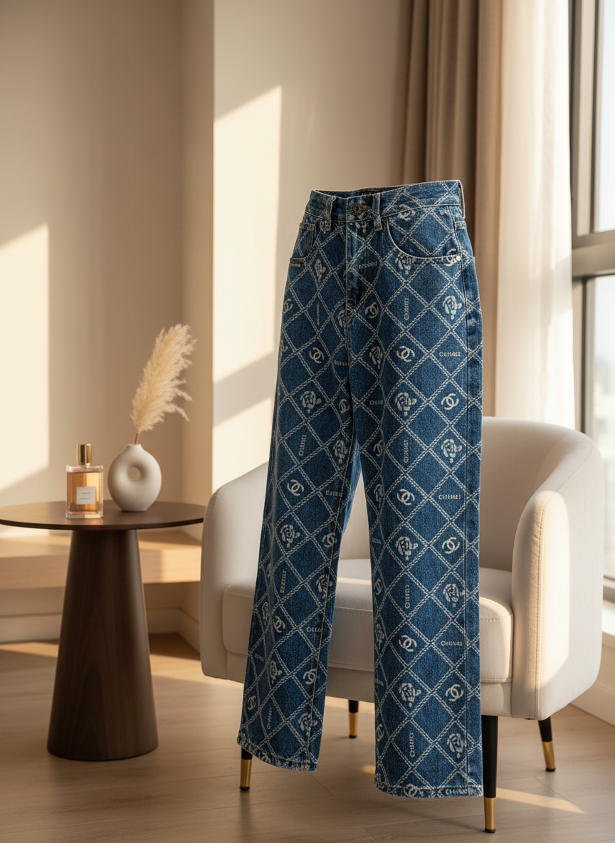 CHANEL Women Blue Denim Logo Straight Leg Jeans