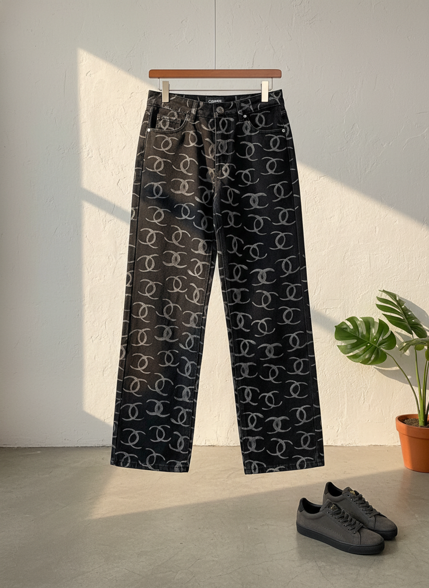 CHANEL Women Black Denim Wide Leg Logo Pants