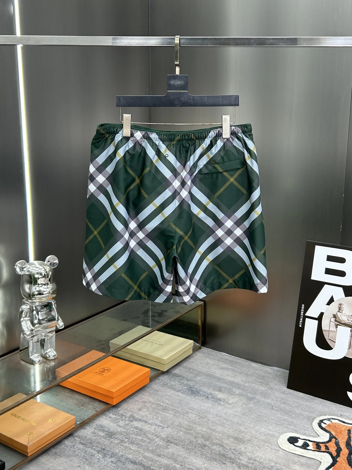 Balenciaga Green Plaid Elastic Waist Shorts
