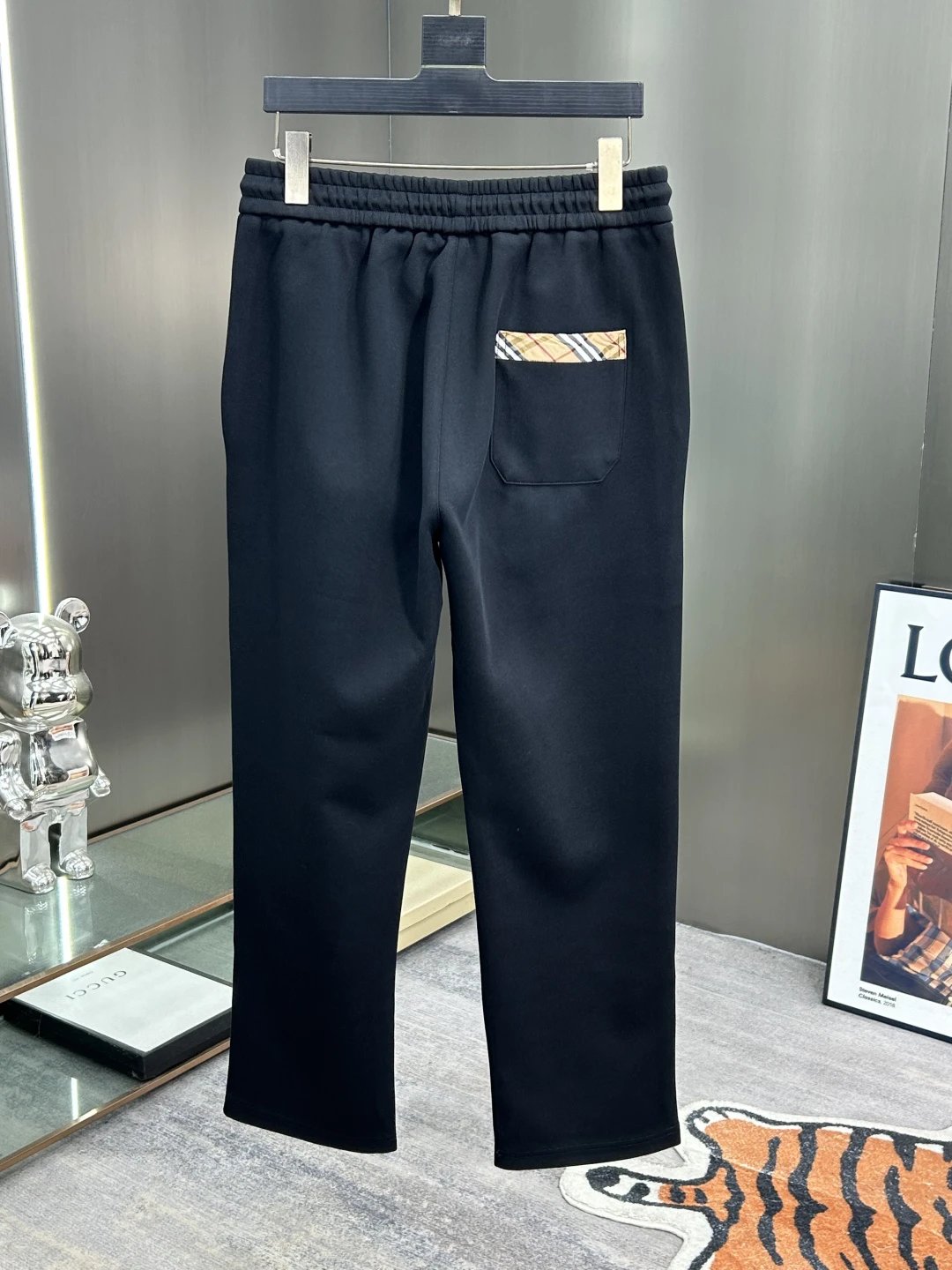 Burberry Men Black Jogger Pants Check Stripe Logo
