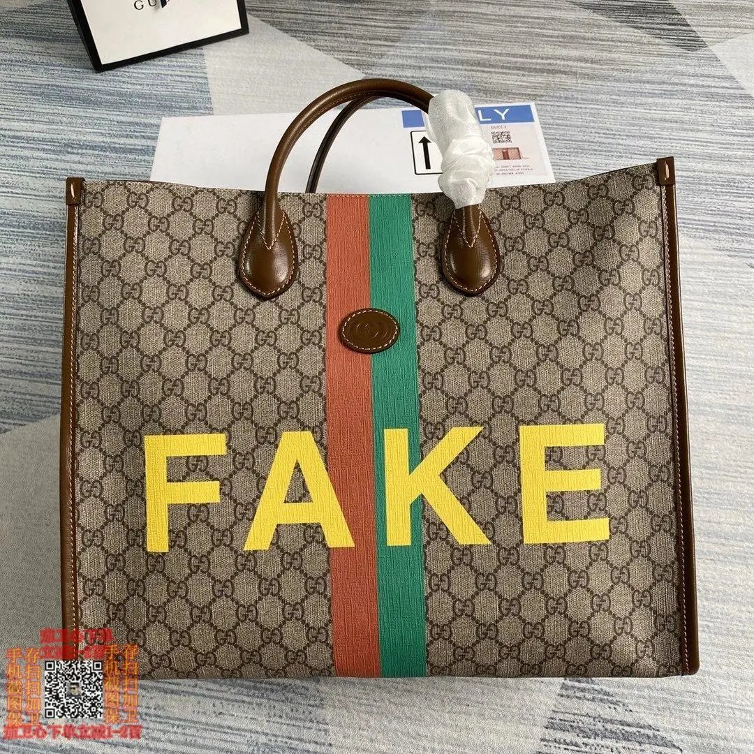 顶级 Gucci 古驰 2020走秀款 FAKE/NOT系列 web绿红织带 GG钻石菱格纹 牛皮饰边 购物袋 手提袋