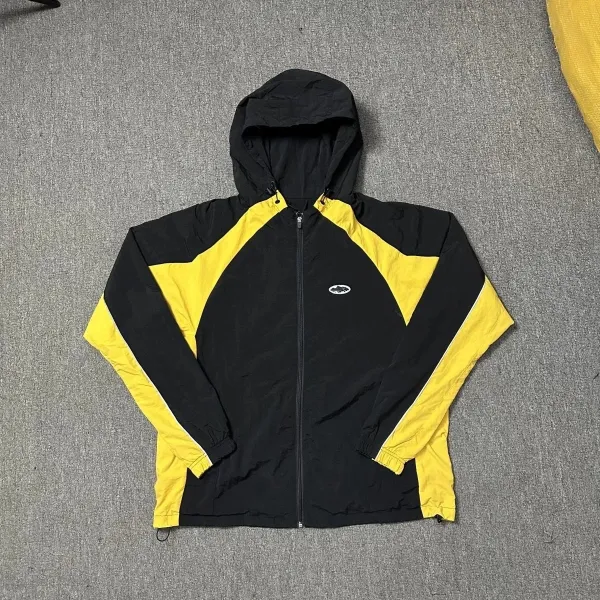 Design Windbreaker Jacket Black Yellow Color-Block Hooded Outerwear - 1