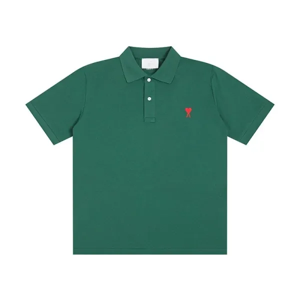 Ami Paris Classic Polo Green with Red Heart Logo Polo - 1
