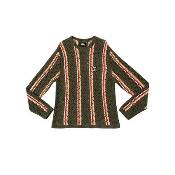 Stüssy Striped Crochet Knit Sweater Army Green - 1