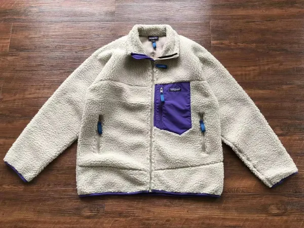 Patagonia Retro Pile Fleece Jacket Beige with Purple Accents Outerwear - 1