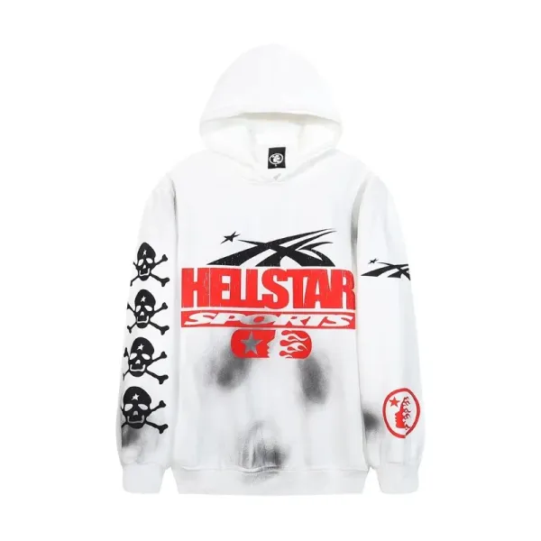 Hellstar Sports Skull Print Distressed White Hoodie - 1