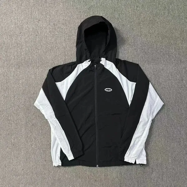 Design Windbreaker Jacket Black and White Color-Block Hooded Outerwear - 1