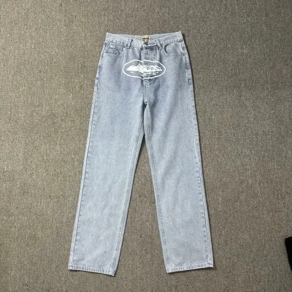 Off-White x Unknown Brand Distressed Light Wash Jeans with Graphic Print - 1