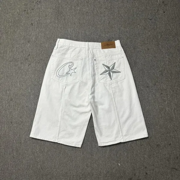 Cav Empt White Denim Shorts with Embroidered Star and 'C' Logo - 1