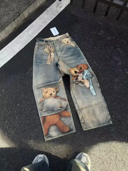 Acne Studios Teddy Bear Print Distressed Wide-Leg Jeans - 1