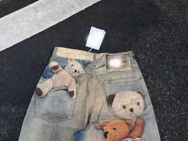 Acne Studios Teddy Bear Print Distressed Wide-Leg Jeans - 11