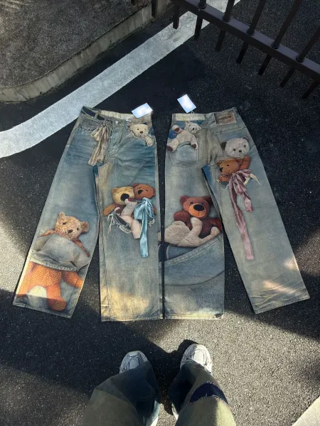 Acne Studios Teddy Bear Print Distressed Wide-Leg Jeans - 20