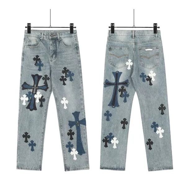 Chrome Hearts x Custom Cross-Embroidered Light Wash Jeans - 1