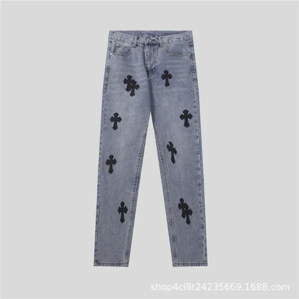 Chrome Hearts x Custom Embroidered Cross Motif Light Wash Jeans - 1
