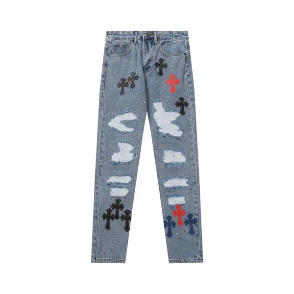 Chrome Hearts x Custom Distressed Cross-Embroidered Light Wash Jeans - 1