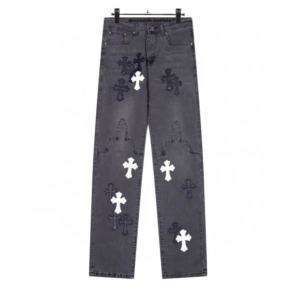 Chrome Hearts Cross-Embroidered Distressed Gray Jeans - 1