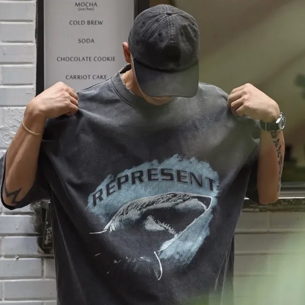 Represent Shark Graphic Washed Black T-Shirt - 1