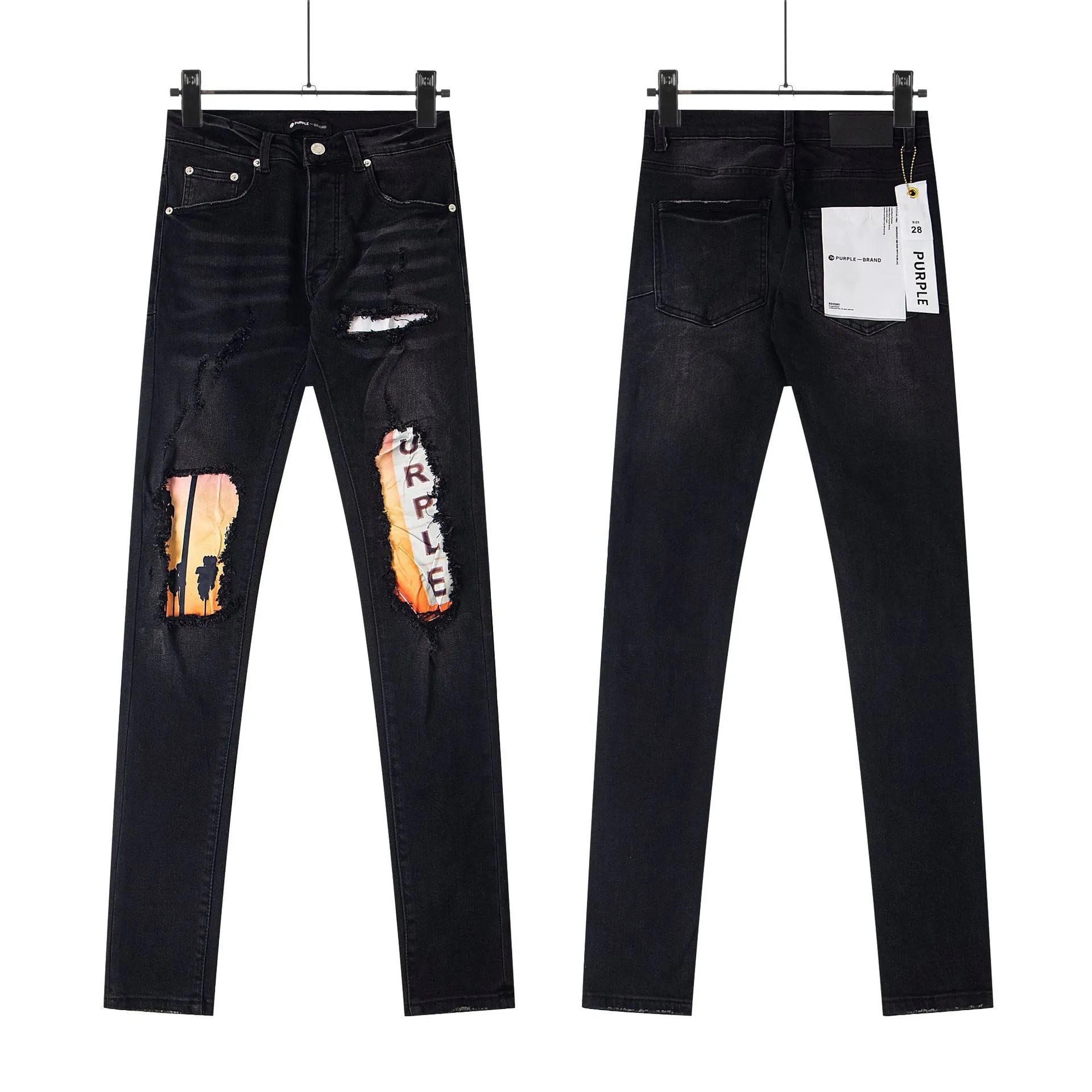 Ripped Patch Jeans Vintage Slim Fit Splatter High-Street Pants photo 3