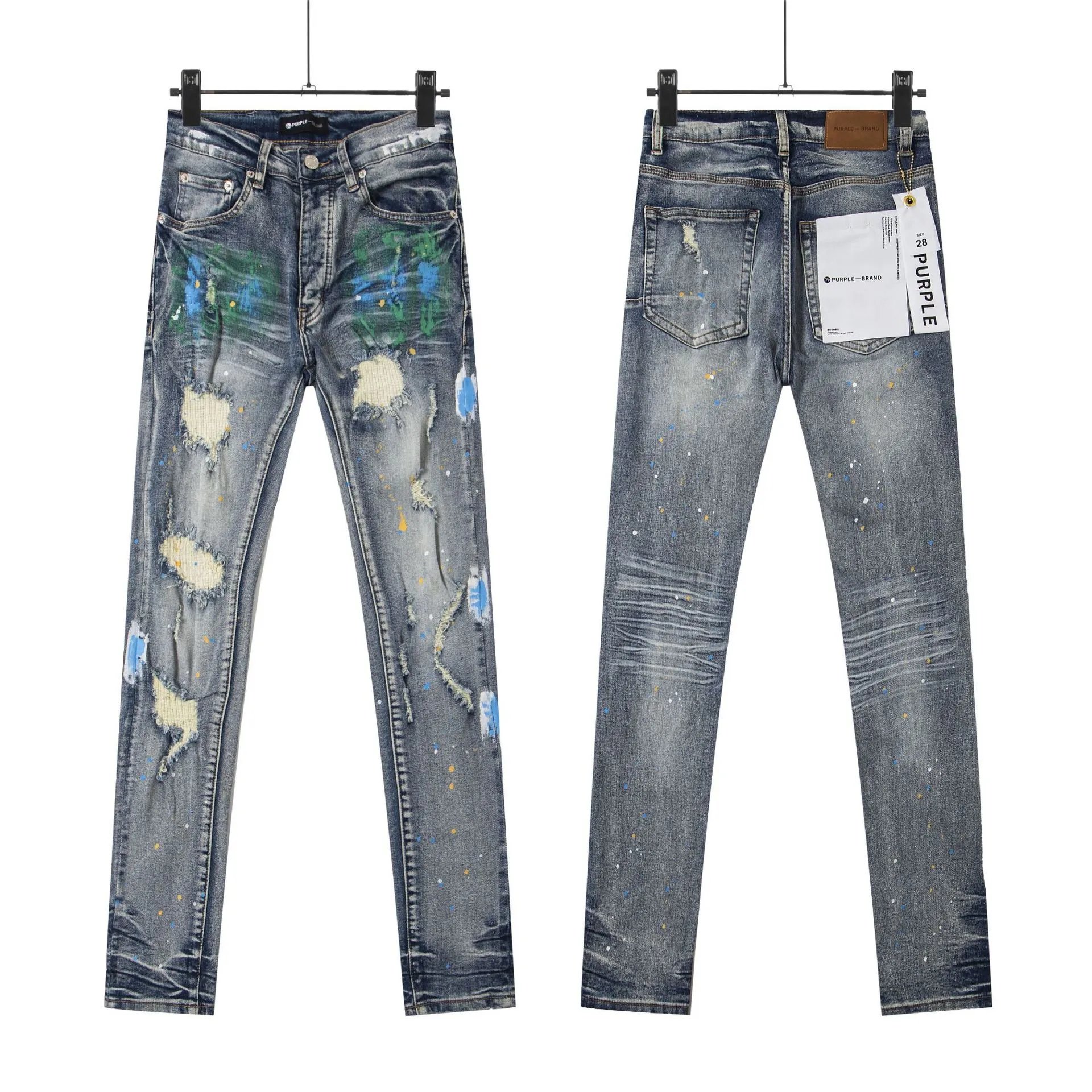 Ripped Patch Jeans Vintage Slim Fit Splatter High-Street Pants photo 2