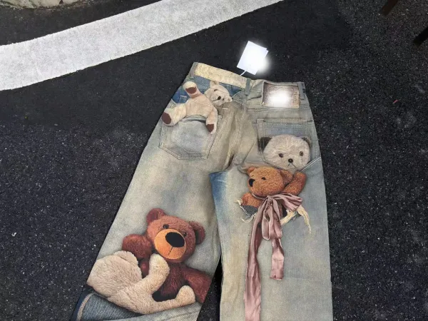 Acne Studios Teddy Bear Print Distressed Wide-Leg Jeans - 10