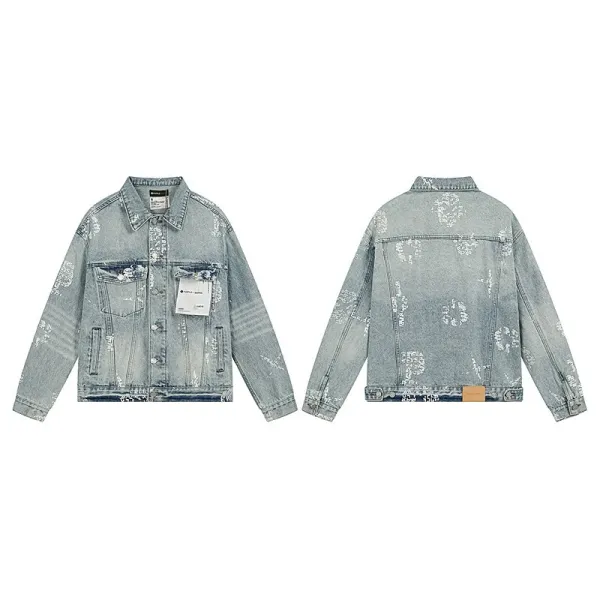 Off-White Distressed Print Denim Jacket Light Blue - 1