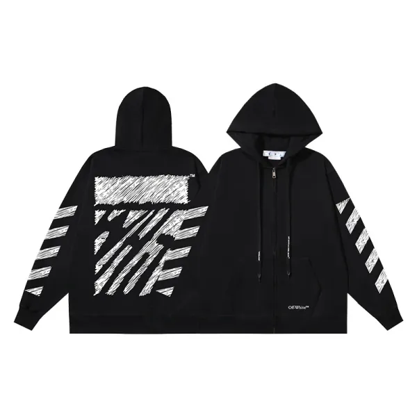 Off-White Diagonal Arrow Print Zip-Up Hoodie Black - 1
