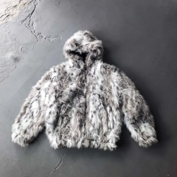 Faux Fur Hooded Jacket Gray Multicolor Outerwear - 3
