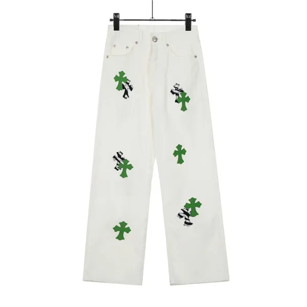 Chrome Hearts x Custom White Denim Jeans with Green Cross Embroidery - 1