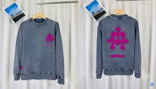 Chrome Hearts x Denim Washed Crewneck Sweatshirt in Blue with Pink Cross Embroidery - 1