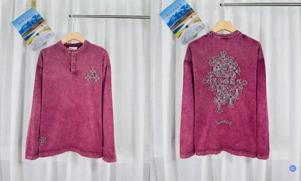 Chrome Hearts x Kingfolk Acid Wash Burgundy Henley Long-Sleeve Top - 1