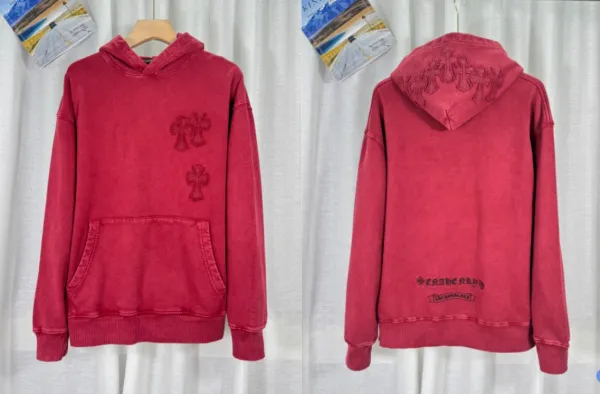 Chrome Hearts Cross Embroidered Washed Red Hoodie - 1