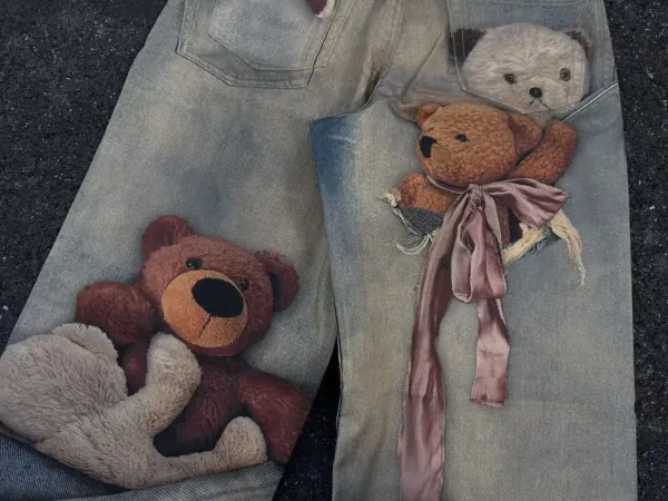 Acne Studios Teddy Bear Print Distressed Wide-Leg Jeans - 18